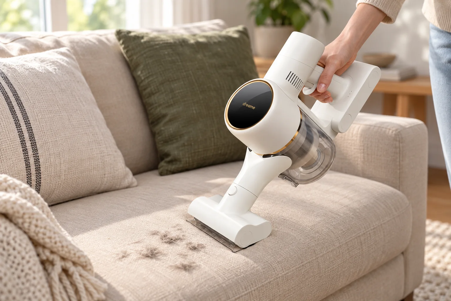 Mini-brosse du Dreame R10 en situation, image générée par IA à partir d'une photo de référence