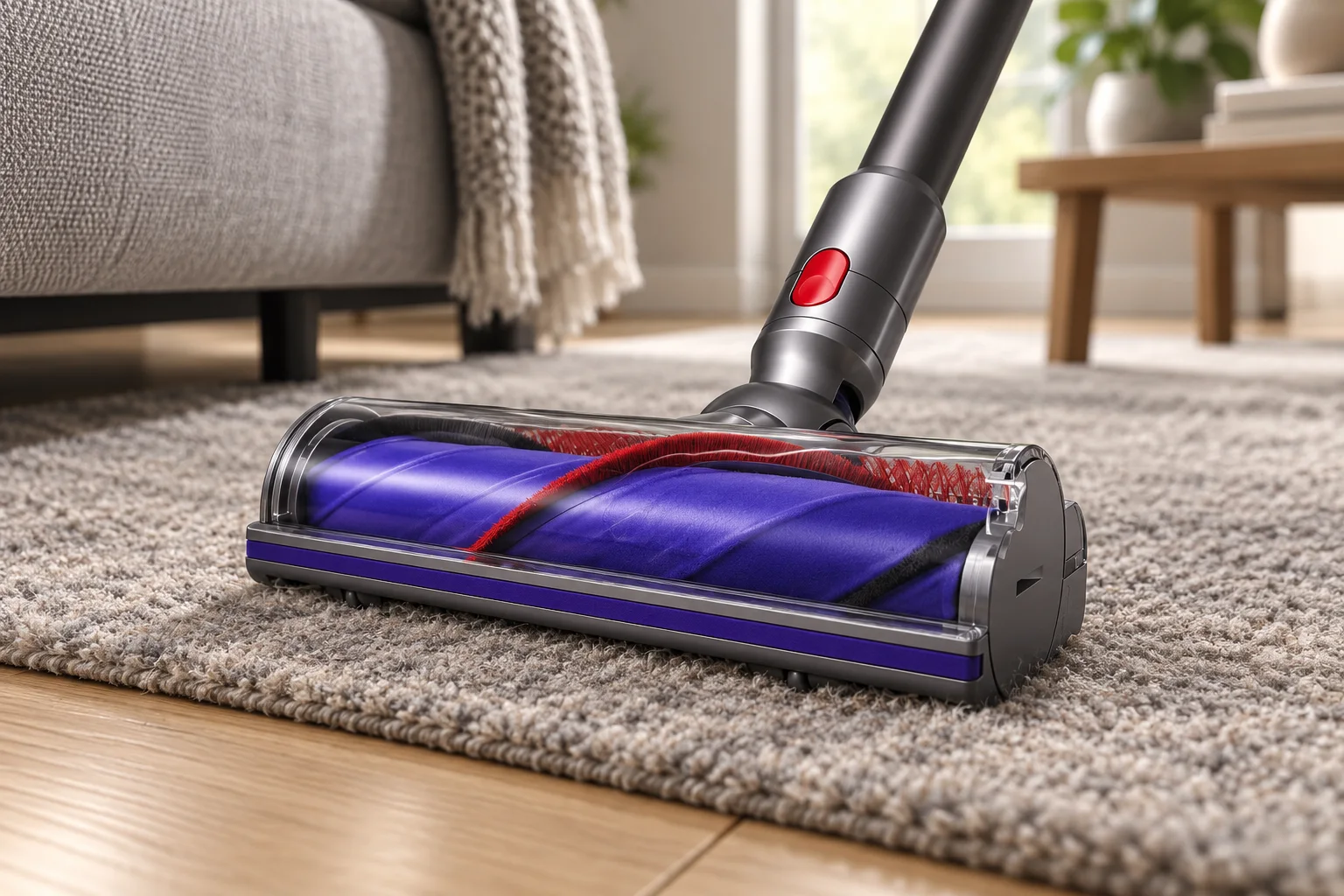 Brosse Motorbar du Dyson V8 Origin en situation, image générée par IA à partir d'une photo de référence