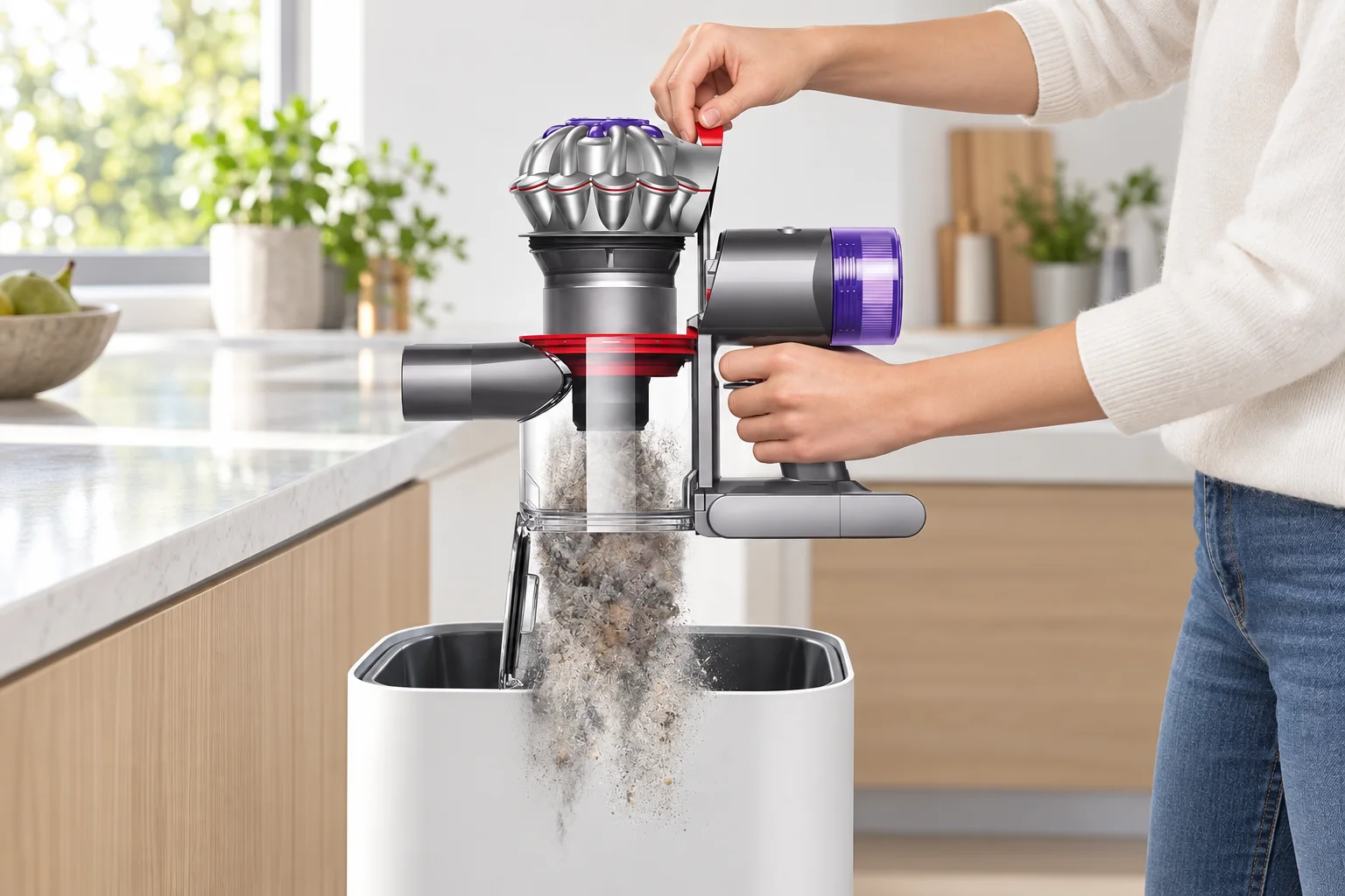 Bac du Dyson V8 Origin en situation, image générée par IA à partir d'une photo de référence