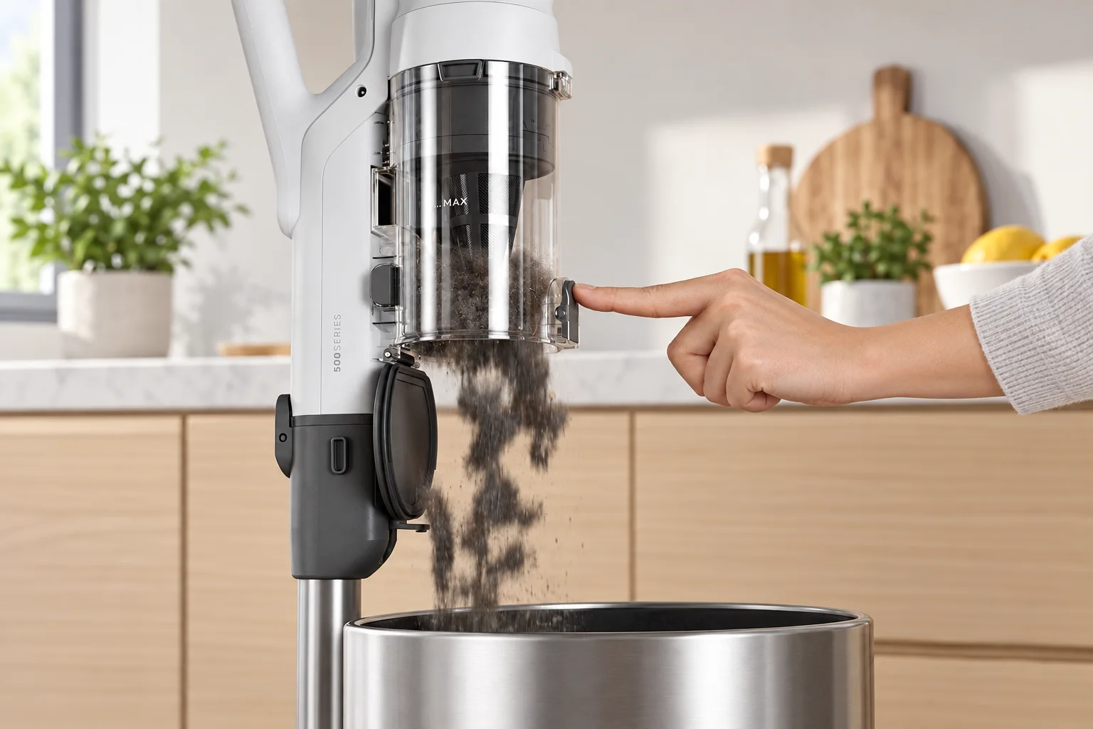 Bac à poussière de l'Electrolux 500 en situation, image générée par IA à partir d'une photo de référence