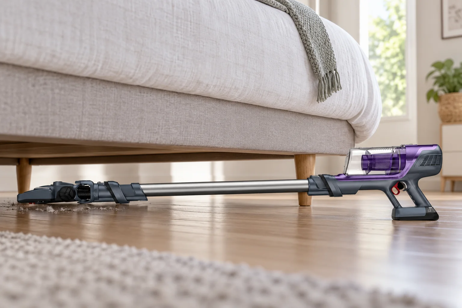 Rowenta X-Pert 6.60 et sa brosse en situation, image générée par IA à partir d'une photo constructeur