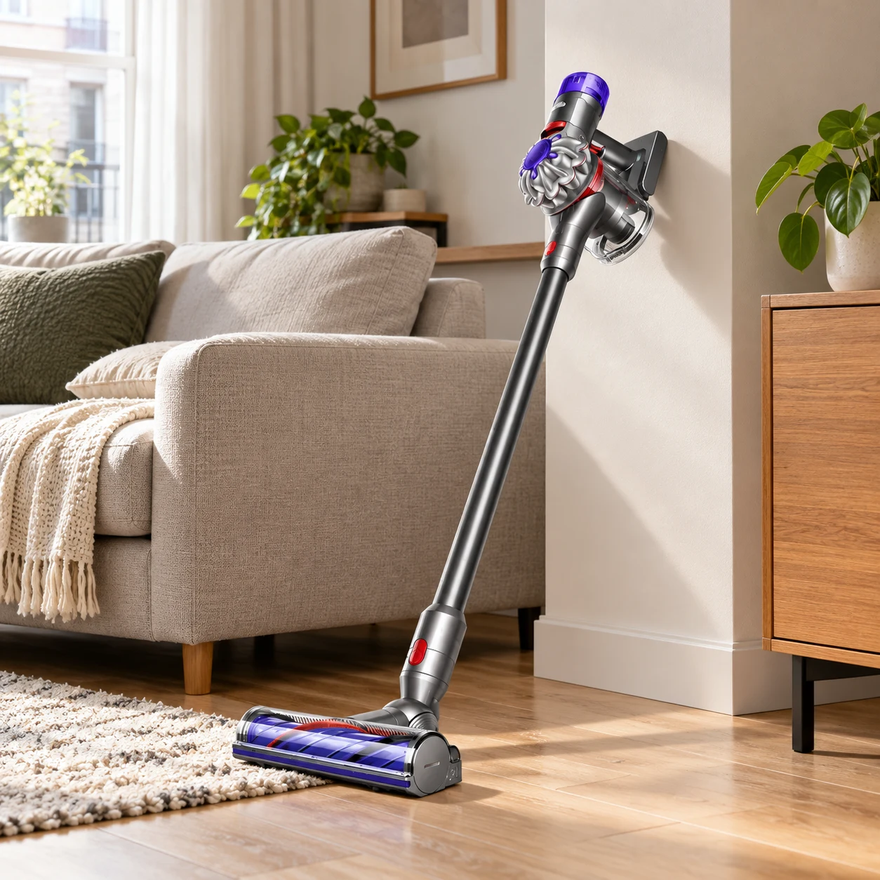 Mise en situation générée par IA du Dyson V8 Origin dans un intérieur