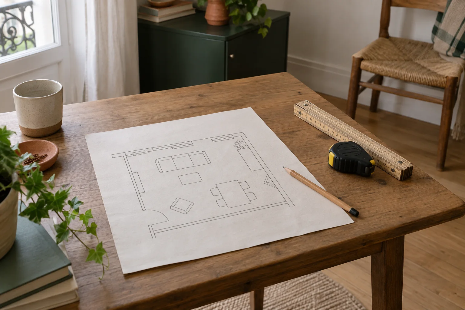 Illustration d’un espace de travail et de rangement dans un petit logement