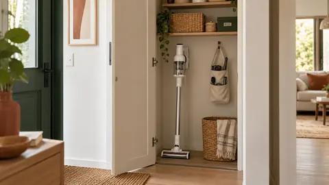 Aspirateur balai rangé dans un placard d'entrée