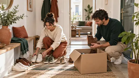 Tri des chaussures d'une entrée par deux personnes