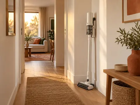 Aspirateur balai rangé debout dans un angle de couloir