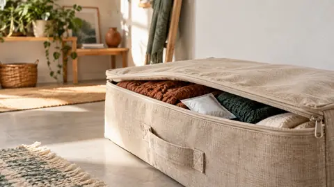 Contenant textile avec sachet déshumidifiant dans un studio