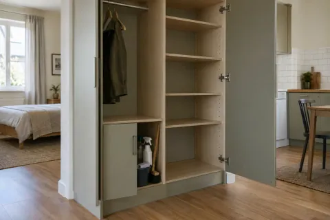 Armoire ouverte montrant penderie, étagères libres et compartiment bas pour le matériel d'entretien