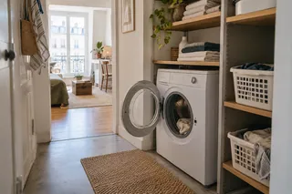 Réduit buanderie avec lave-linge, étagères et passage libre