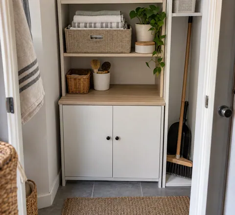Étagère de réduit avec panier de linge propre, placard fermé et compartiment vertical pour balai
