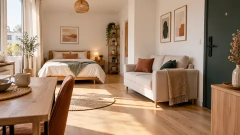 Studio meublé avec un lit fixe installé et un canapé démonté en attente de stockage
