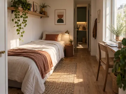 Lit une place adossé au mur d'un petit studio avec une étagère au-dessus