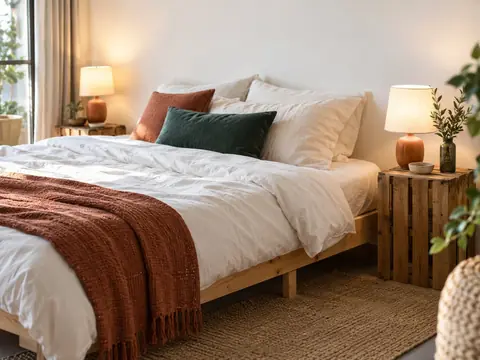 Coin nuit d'un studio avec sommier en bois, couette blanche et lampes de chevet