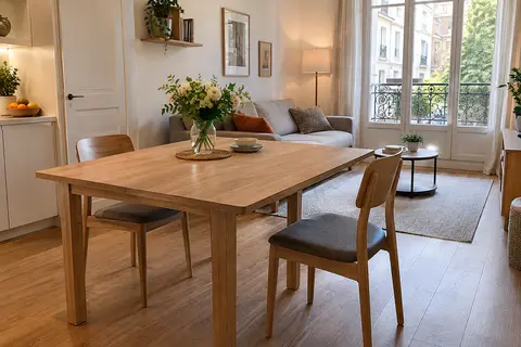 Table extensible déployée dans un petit salon avec deux chaises et un passage libre