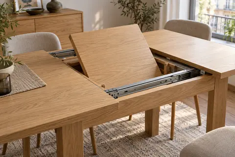 Table extensible en bois vue de près, avec rallonge relevée et rails visibles