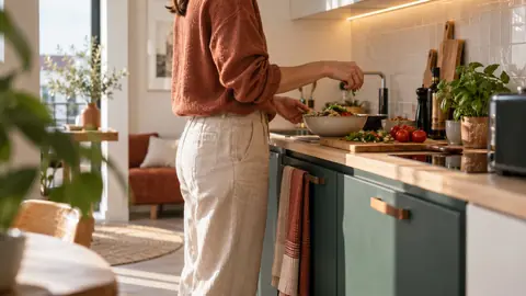 Personne utilisant les trois zones d'une kitchenette compacte