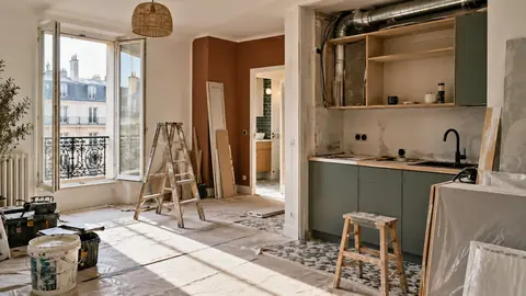 Kitchenette en cours d'installation dans un studio rénové