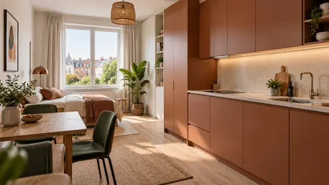 Kitchenette compacte installée dans un studio lumineux