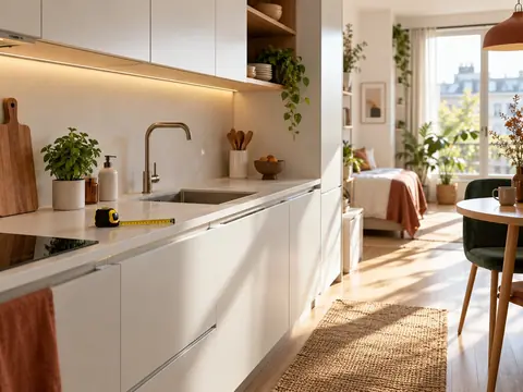Kitchenette compacte en linéaire avec mètre ruban sur le plan de travail