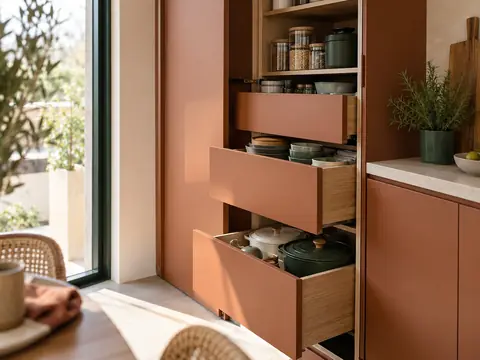 Rangement vertical et tiroirs profonds dans une kitchenette