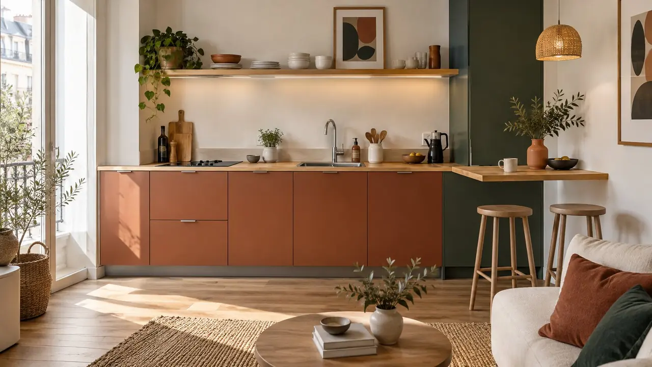 Cuisine compacte linéaire aménagée sur un mur dans un petit appartement
