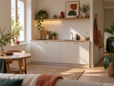 Cuisine compacte en bloc unique avec plaque deux feux et évier une cuve dans un studio lumineux