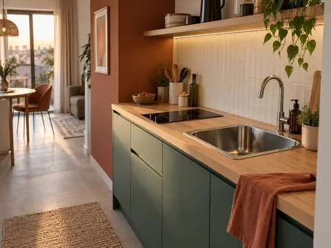 Détail d'une kitchenette linéaire avec plan de travail, évier et plaque de cuisson