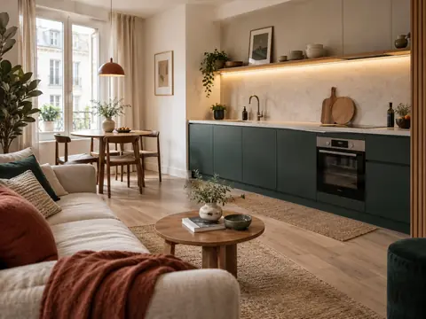 Cuisine compacte ouverte dans un petit appartement avec linéaire bas et four encastré