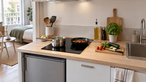 Plaque de cuisson à plusieurs zones dans une kitchenette, avec casserole et poêle utilisées simultanément