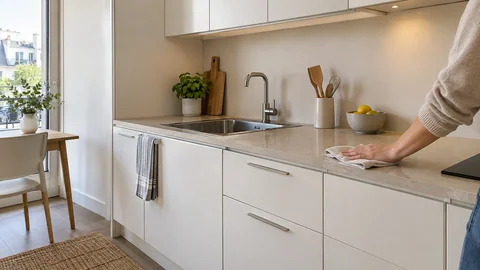 Plan de travail clair et façades lisses de kitchenette nettoyés avec un chiffon doux