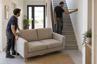 Canapé devant un escalier pendant la mesure de la largeur libre entre mur et rampe