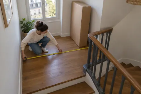 Mesure de la largeur libre d’un palier tournant près d’une rampe, avec un colis de meuble en attente