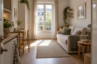Studio en configuration de jour avec canapé fermé et circulation libre vers la fenêtre