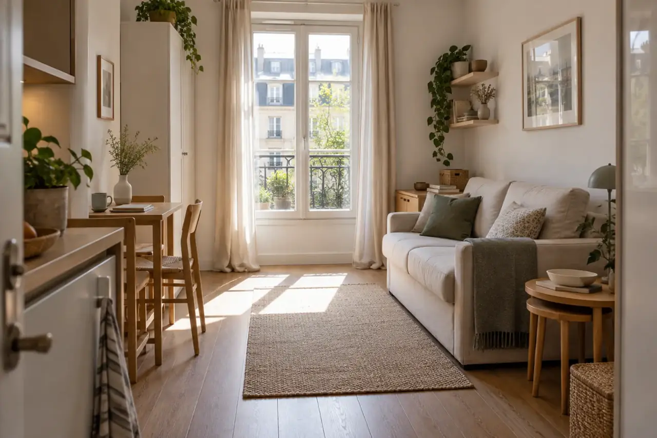 Studio en configuration de jour avec canapé fermé et circulation libre vers la fenêtre
