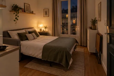Studio en configuration de nuit avec canapé-lit ouvert et table repliée à l'écart du passage