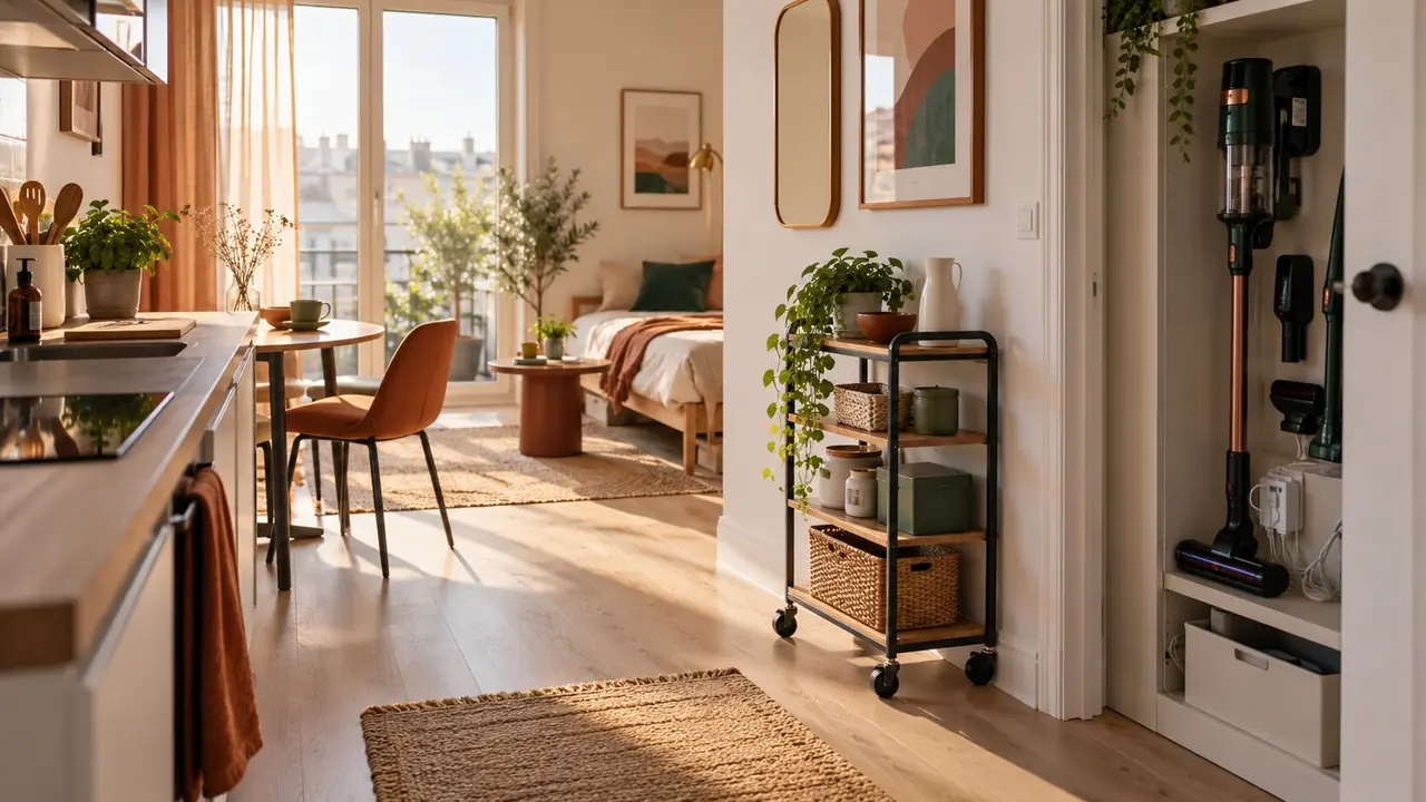 Équipement rangé dans un petit logement lumineux