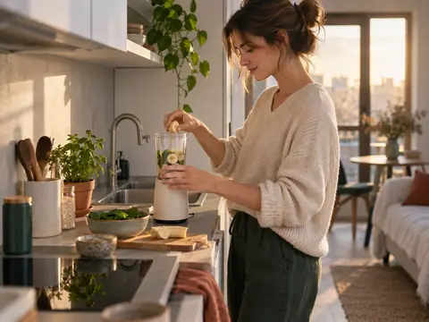 Appareil compact posé sur le plan de travail d'une petite cuisine
