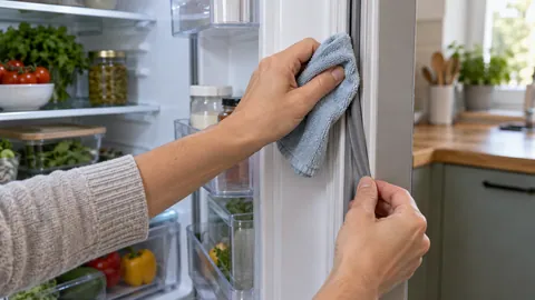 Nettoyage doux du joint de porte d’un réfrigérateur avec un chiffon