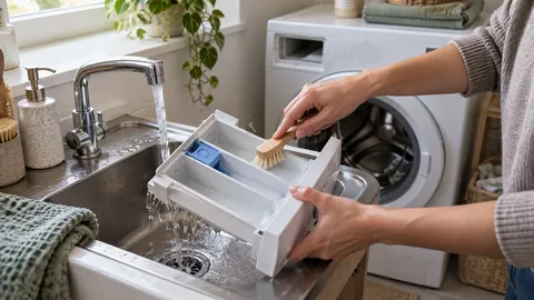 Nettoyage du tiroir à lessive amovible dans un évier avec une brosse souple