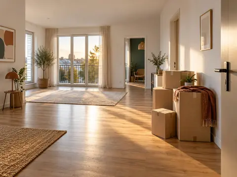 Pièce principale d'un logement vide avec cartons avant l'état des lieux