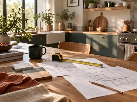 Devis annotés et mètre ruban sur une table avant un chantier de remise en état