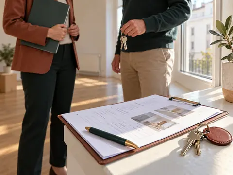 État des lieux de sortie dans un logement vide avec dossier et clés