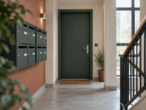 Porte d'entrée fermée d'un logement vide avec boîte aux lettres