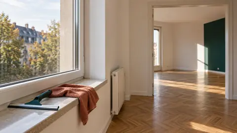 Pièce vide entre deux locataires avec une grande fenêtre et du matériel de nettoyage sur le rebord