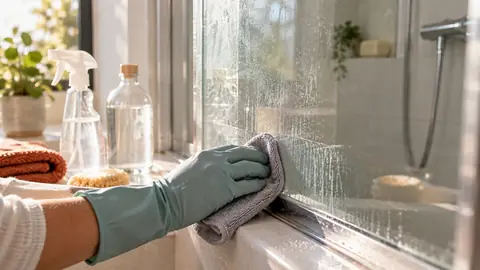 Main gantée appliquant une compresse humide au bas d'une vitre marquée par le calcaire