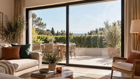 Baie vitrée vue de l'intérieur avec l'extérieur légèrement marqué visible en contre-jour