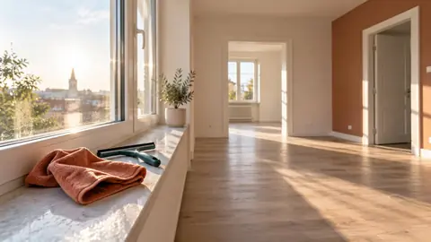 Logement vide entre deux locataires avec une grande fenêtre lumineuse et du matériel de nettoyage