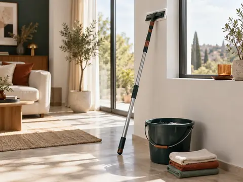 Perche télescopique, seau et microfibres prêts pour le nettoyage des vitres en hauteur