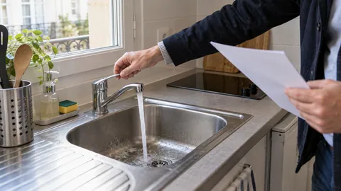 Vérification de l’eau au robinet dans une kitchenette avant une nouvelle entrée dans les lieux