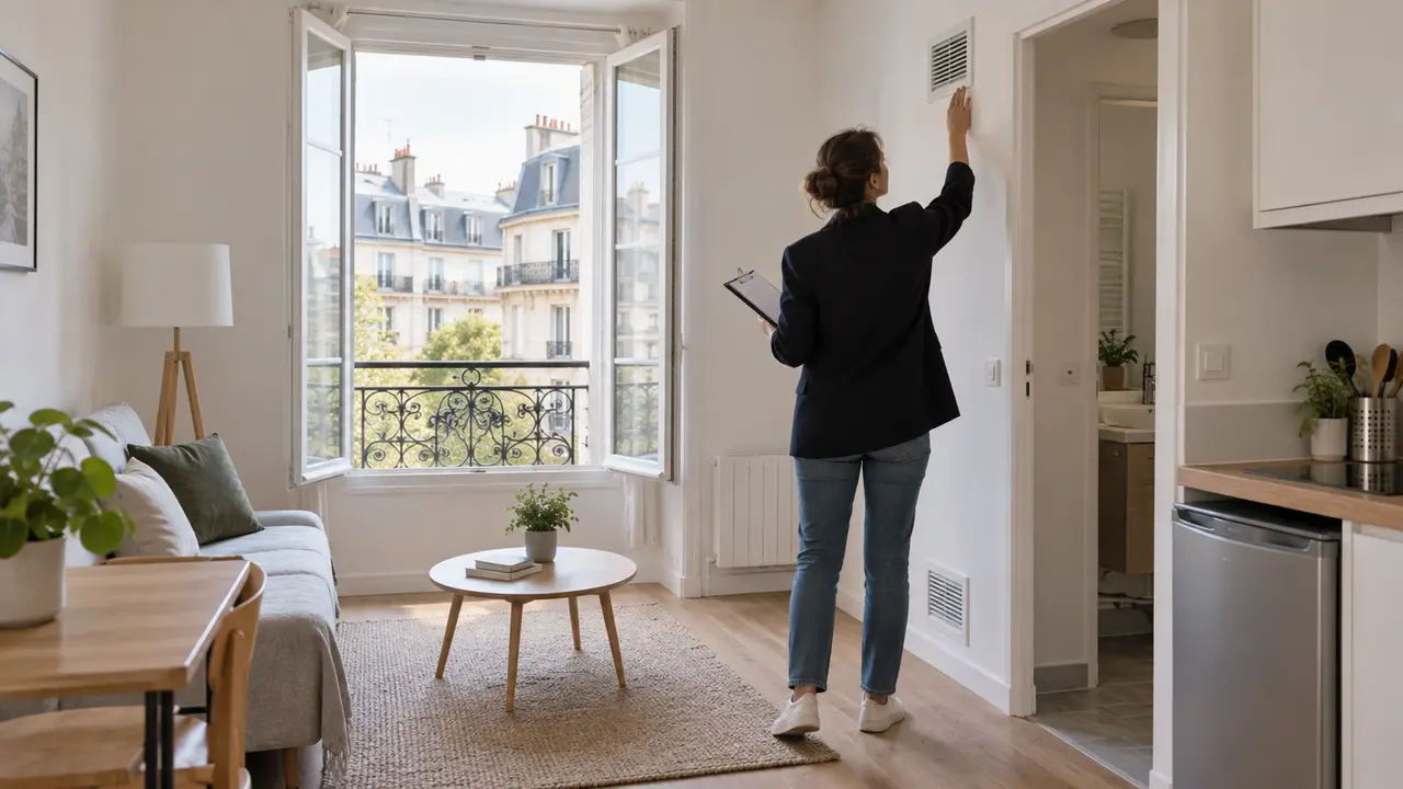 Petit studio locatif aéré avant remise en location avec contrôle de la grille de ventilation
